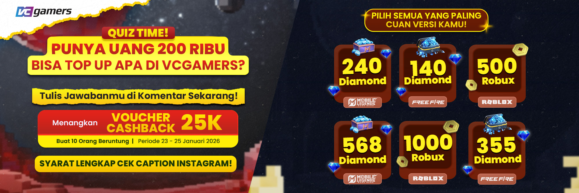 Quiz Time! Punya Uang 200 Ribu, Bisa Top Up Apa di VCGamers?