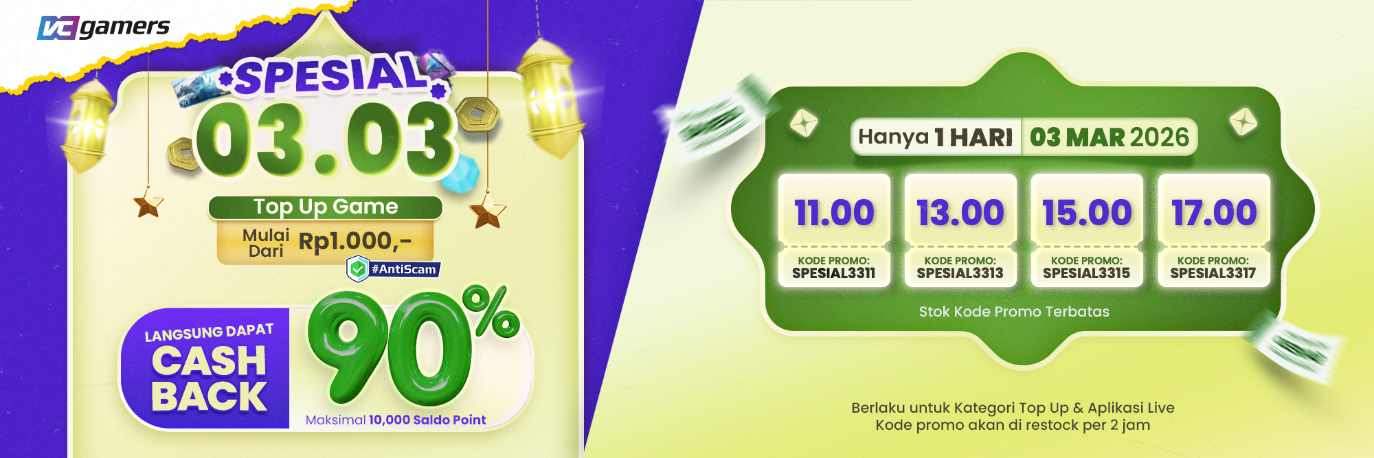 SPESIAL 03.03, Langsung Dapat Cashback 90%