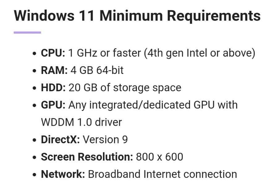 Windows 11 minimum specifications