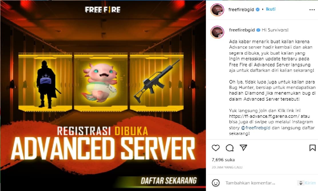 Ankündigung von Free Fire Advance Server auf Instagram