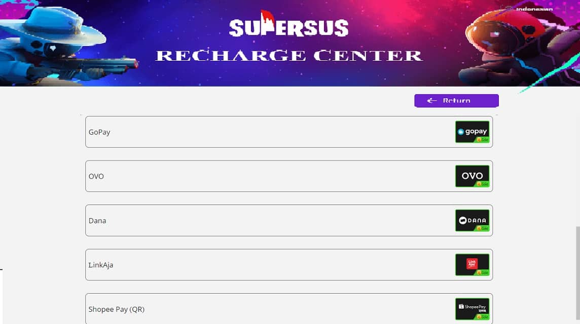 Methode zum Aufladen von Super Sus auf der Website. Wählen Sie eine Zahlungsmethode