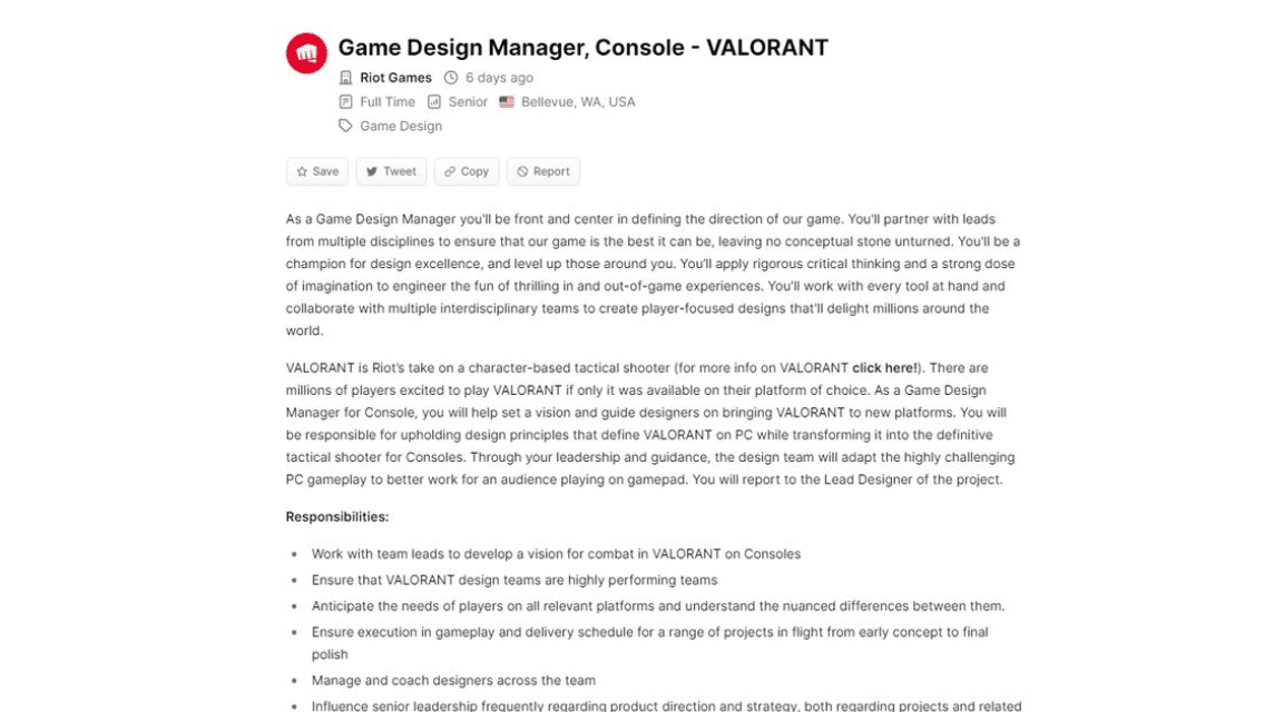 Game Designer Manager position