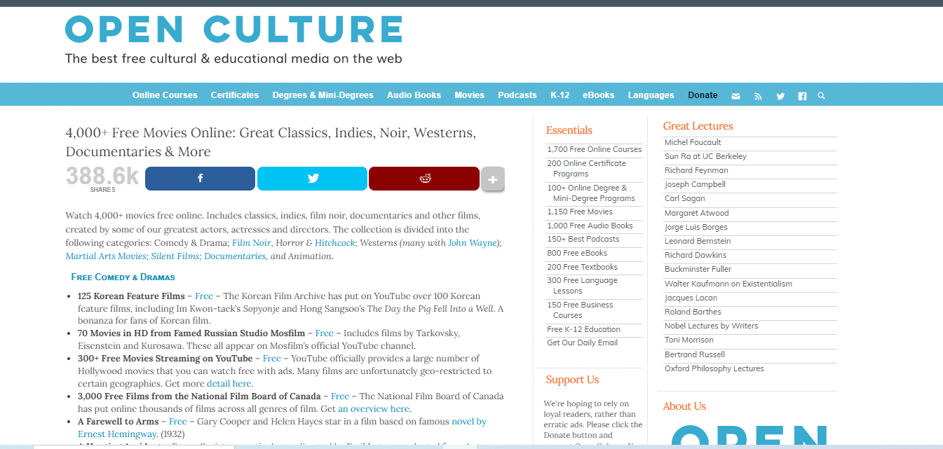 Openculture，最新的免费电影下载网站