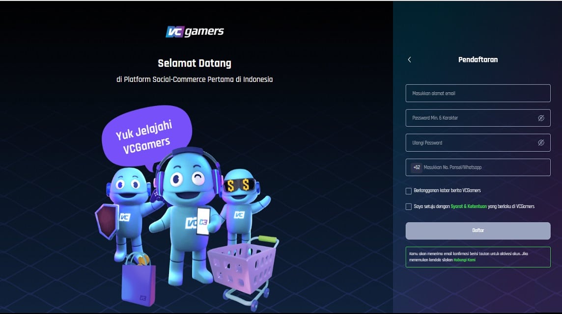 VCGamers marketplace account registration
