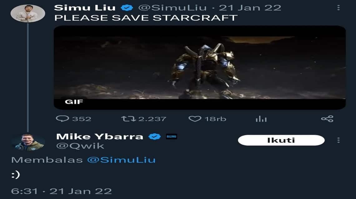 Hints about StarCraft 3 from Mike's reply on Simu Liu's twitter