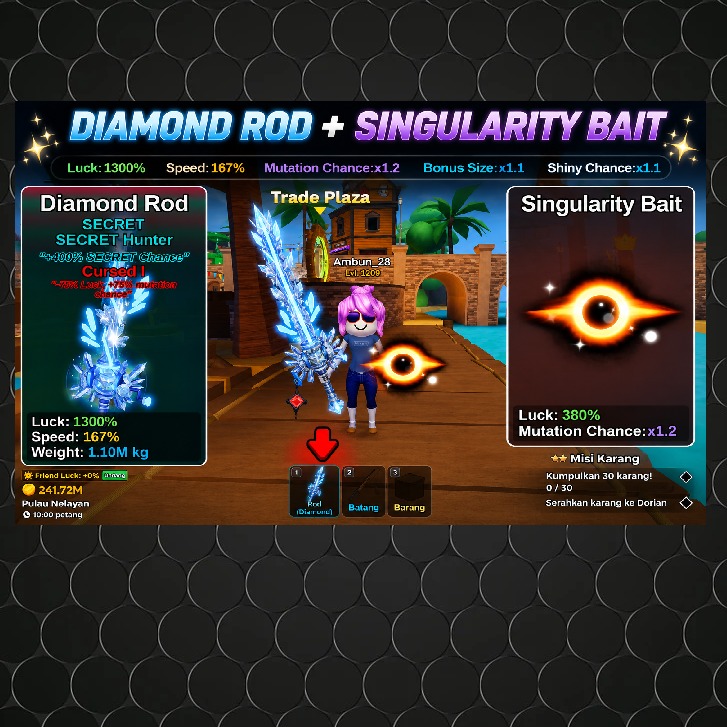 Jual Akun Fish IT! Diamond Rod + Singularity Bait Fish It! - Roblox Ambun | VCGamers