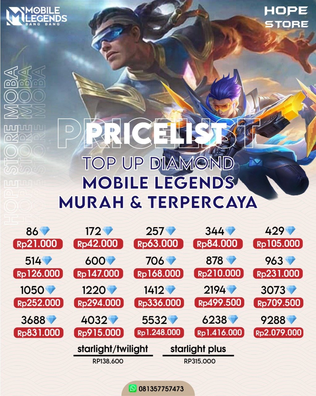 Jual 2194 Diamonds Mobile Legends Hope Store 99 | VCGamers