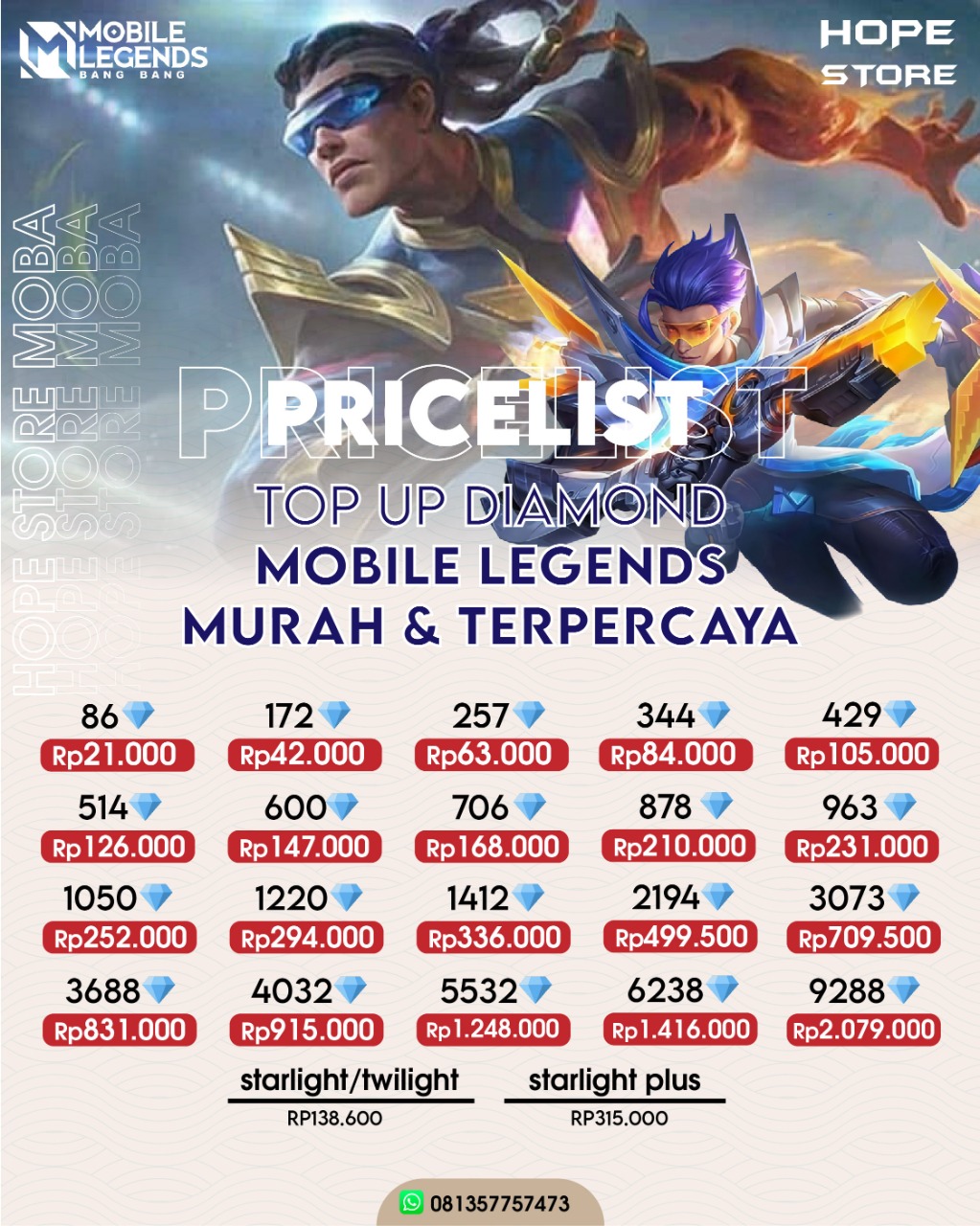 Jual 3688 Diamonds Mobile Legends Hope Store 99 | VCGamers