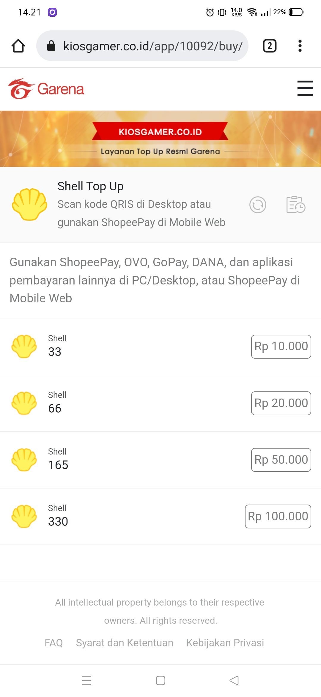 Jual 165 Shells Garena Shell Zocket Store | VCGamers